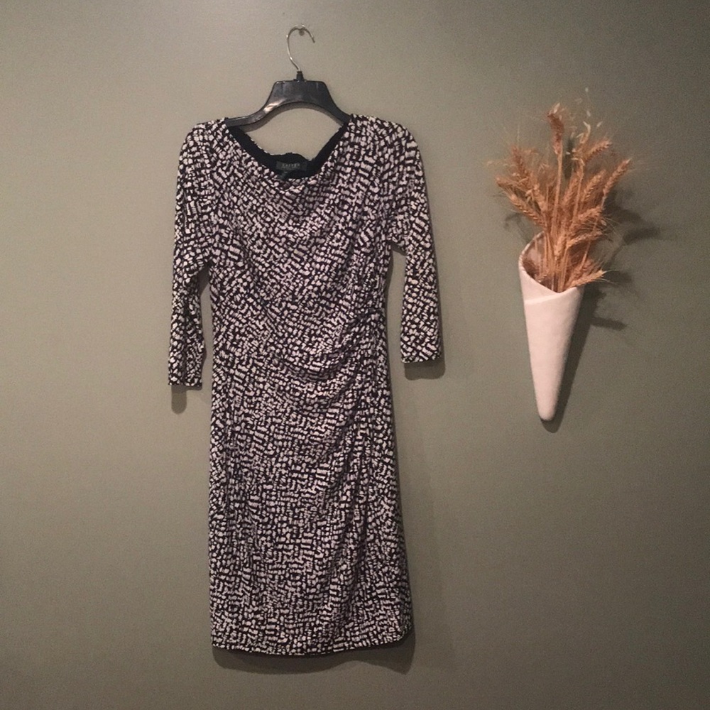 Lauren Ralph Lauren Black And Cream 3/4 Sleeve Dress Ruched At Waist 4. EUC